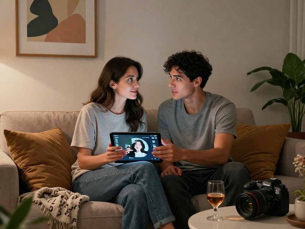 Couple engaging in ai sex exploration through virtual reality application in a cozy setting.