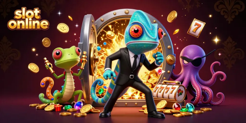 Experience thrilling action with slot online as a chameleon agent spins reels surrounded by treasure.