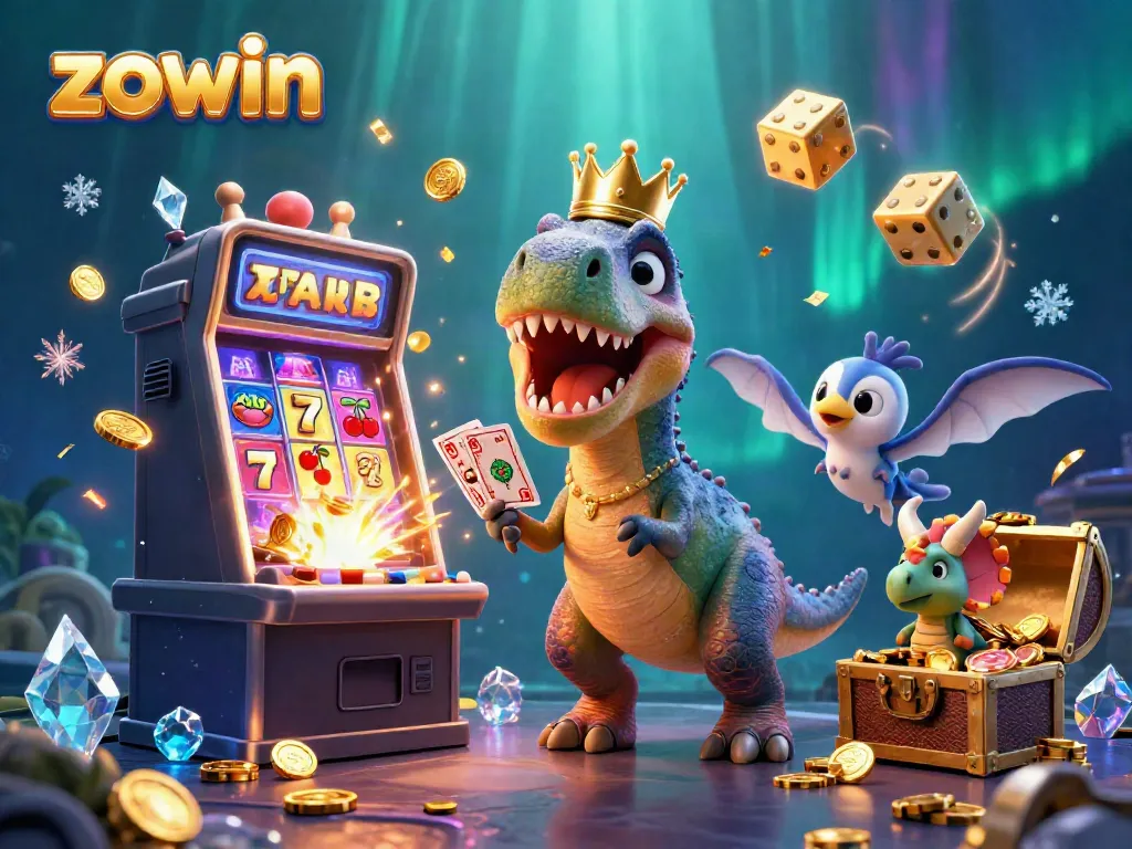 Zowin casino scene featuring animated characters and a jackpot slot machine for exciting gaming visuals.