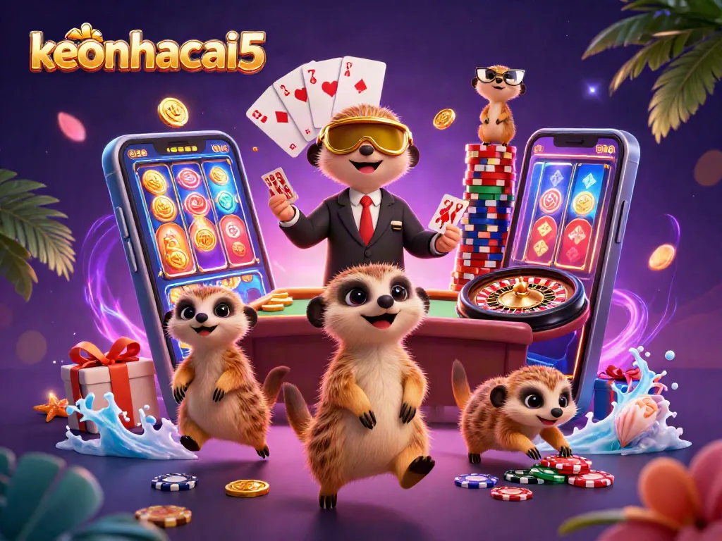 Engage in keonhacai5's dynamic casino scene with 3D meerkats orchestrating exciting jackpot activities.