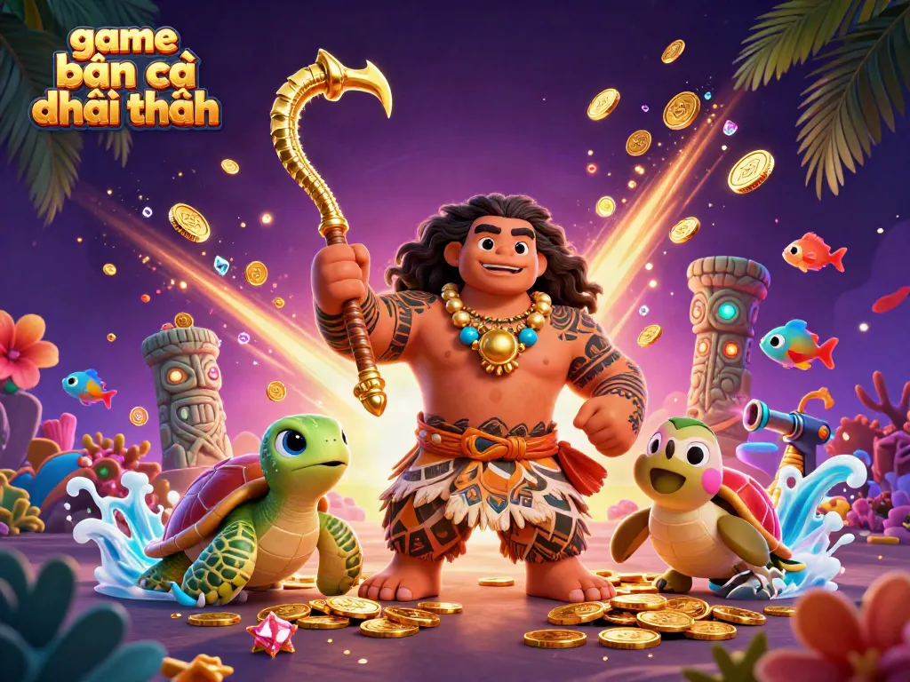 Engage in thrilling game bắn cá đổi thưởng with a dynamic scene featuring demigod characters, cascading coins, and vibrant underwater elements.
