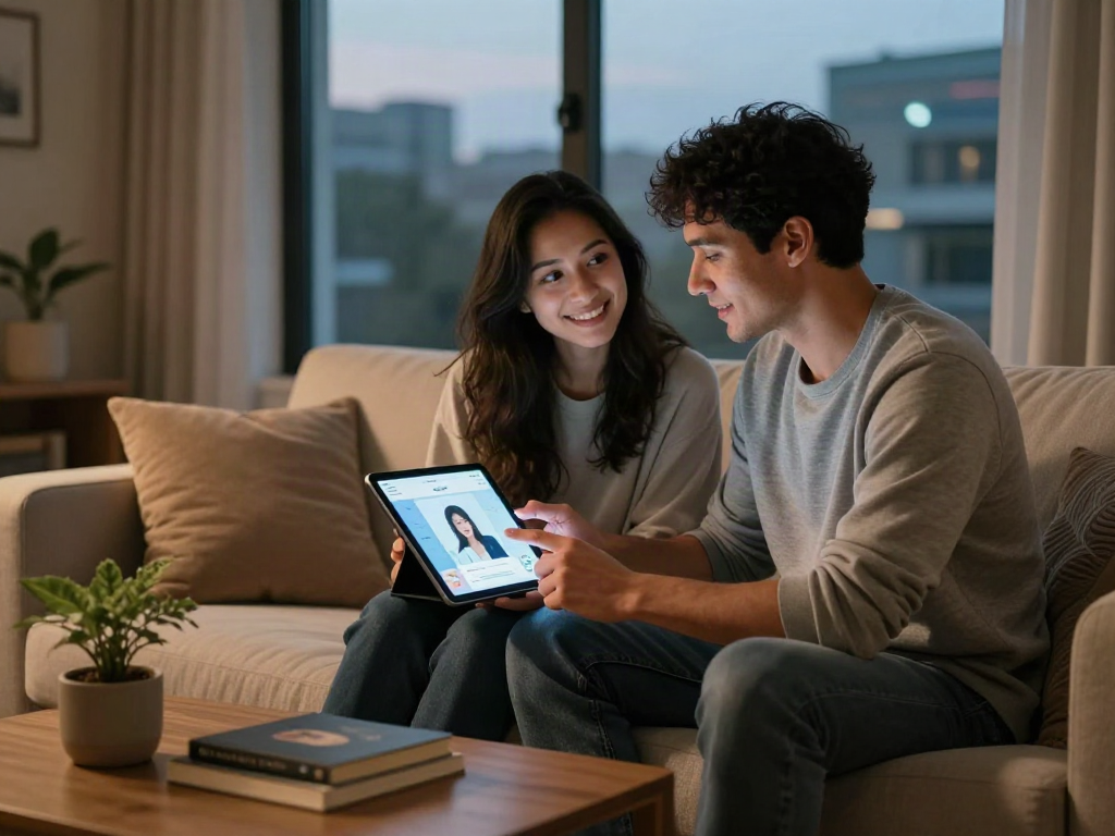 Couple engaging with AI sex technology on tablet in cozy living room.