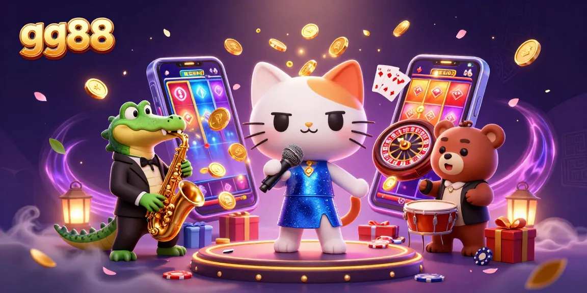 Experience thrilling slots with GG88 at this vibrant casino scene featuring lively characters.