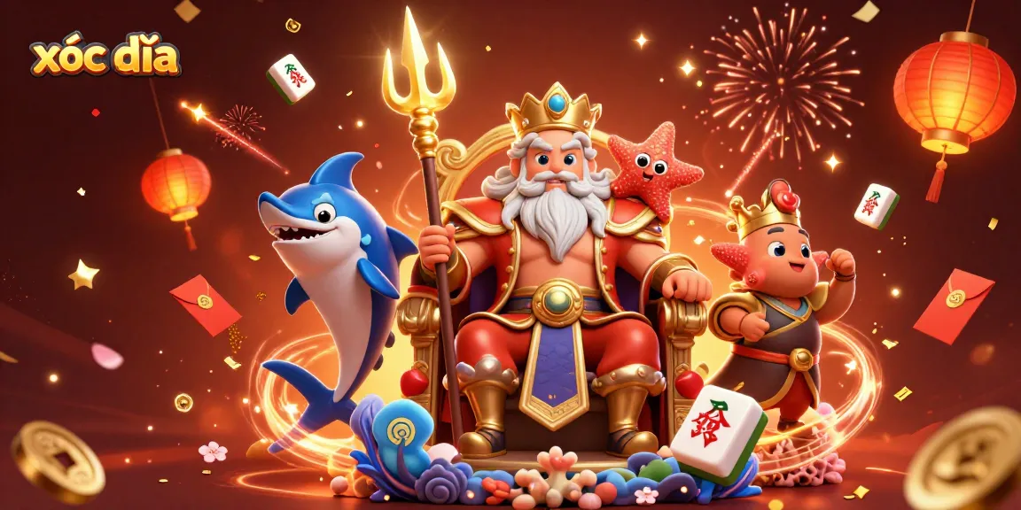 Experience the thrill of xóc đĩa with a vibrant 3D illustration depicting casino excitement and festive elements.