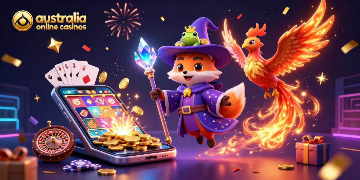 Experience the excitement of australia online casinos with a dynamic scene featuring a wizard fox, phoenix, and casino elements.