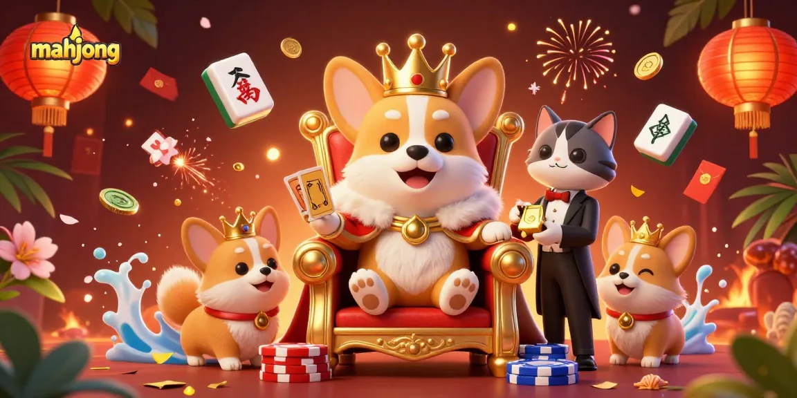 Experience thrilling mahjong gameplay with a vibrant illustration of a royal corgi in a rich casino setting.
