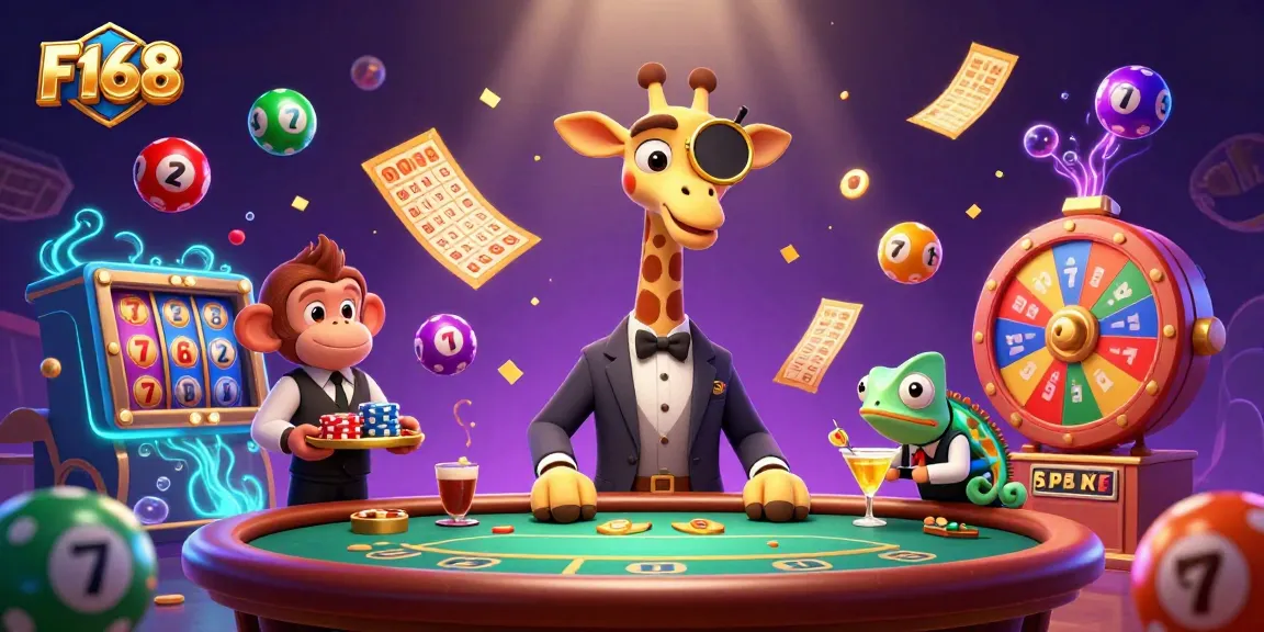Join the excitement at F168 with a vibrant 3D casino scene featuring a high-roller giraffe and lively game elements.
