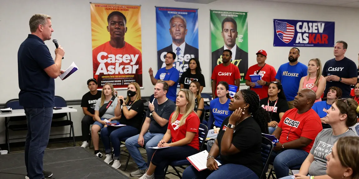 Casey Askar engaging with voters at a lively town hall meeting, showcasing political campaign dynamics.