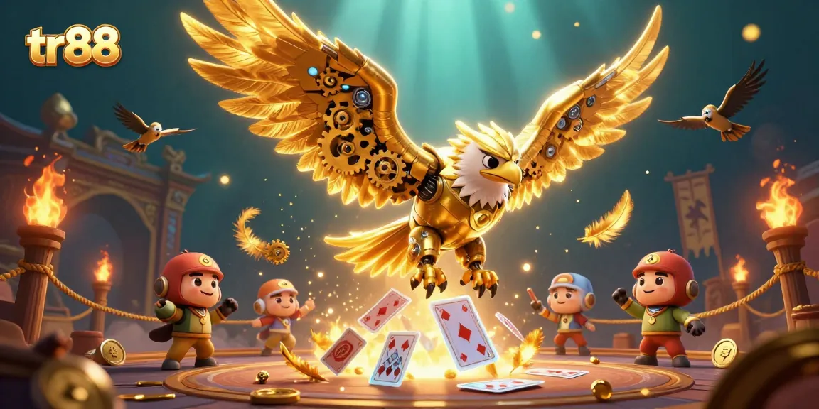 Win big with tr88 as a golden eagle dives through holographic cards in an action-packed casino scene.