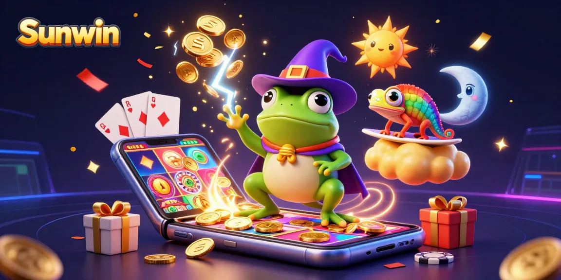 Sunwin engaging players with a vivid illustration of a weather wizard frog and rainbow chameleon amidst casino elements.