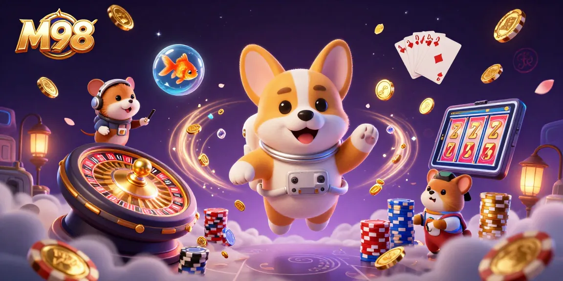 M98 offers thrilling gaming fun as a cartoon astronaut corgi floats amidst casino chaos.