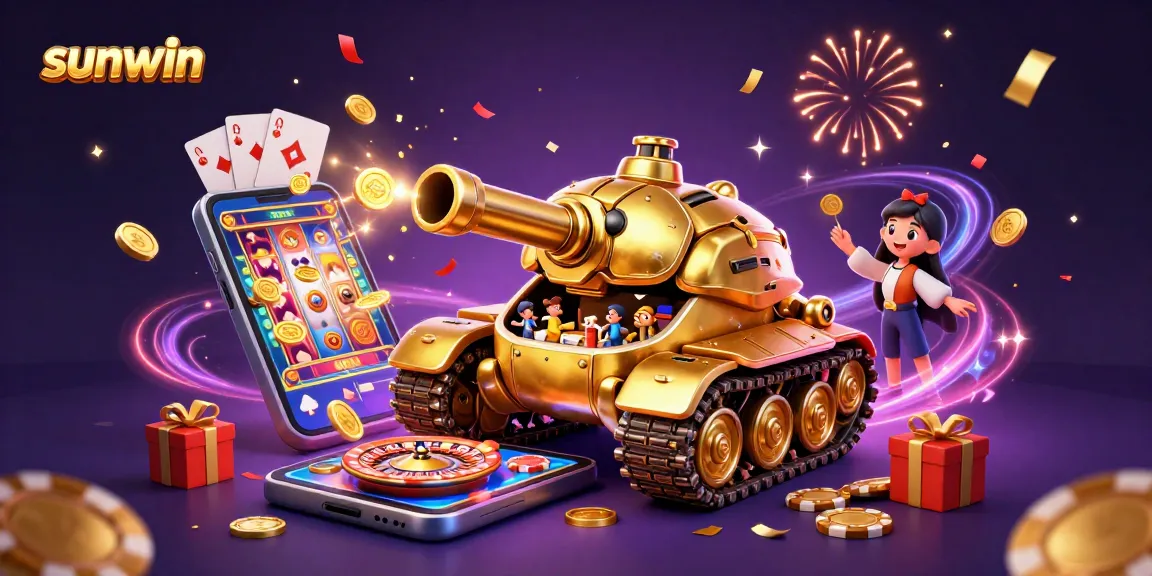 Savor the excitement of sunwin with a fantastical 3D casino scene featuring a golden beetle tank and lively game elements.