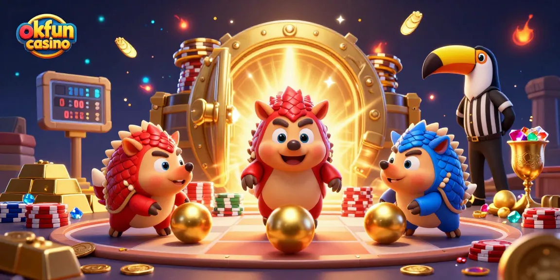 Experience the excitement of okfun casino as rival pangolins engage in a thrilling bowling game with poker chips and golden treasures.